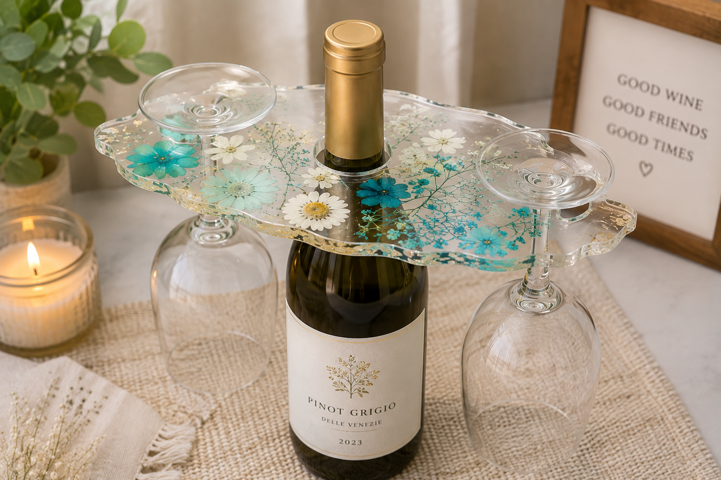 Botanical Resin Wine Glass Holder for 2 Glasses – Blue Dried Flowers