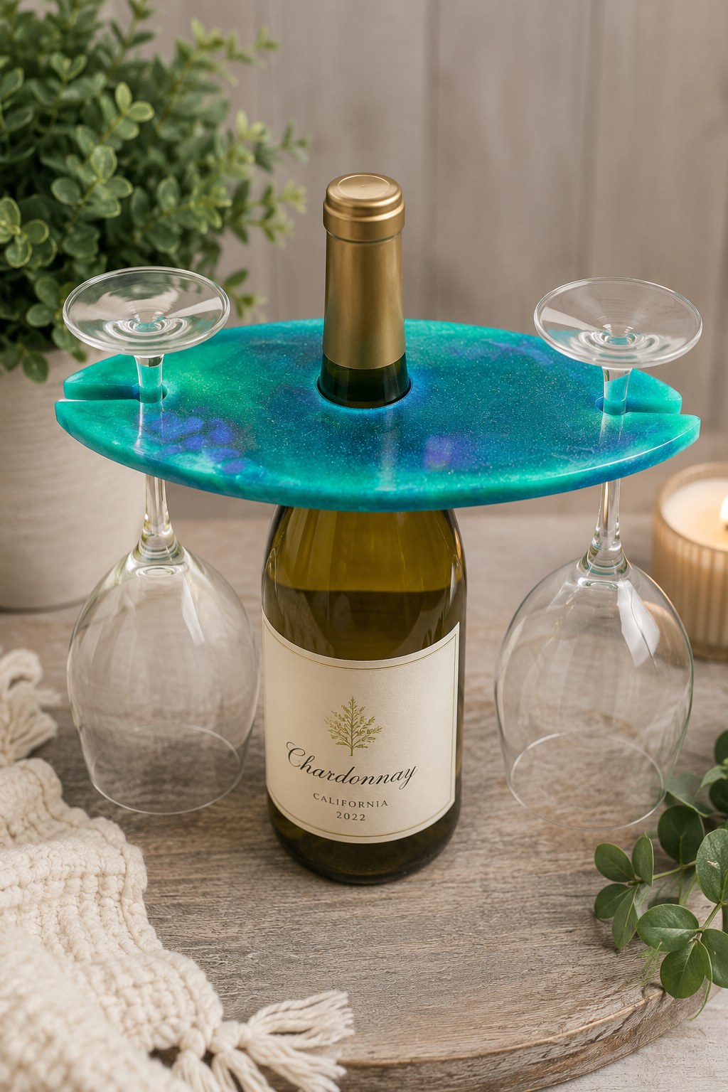 Teal Resin Wine Glass Holder for 2 Glasses | Handmade Wine Bottle Accessory