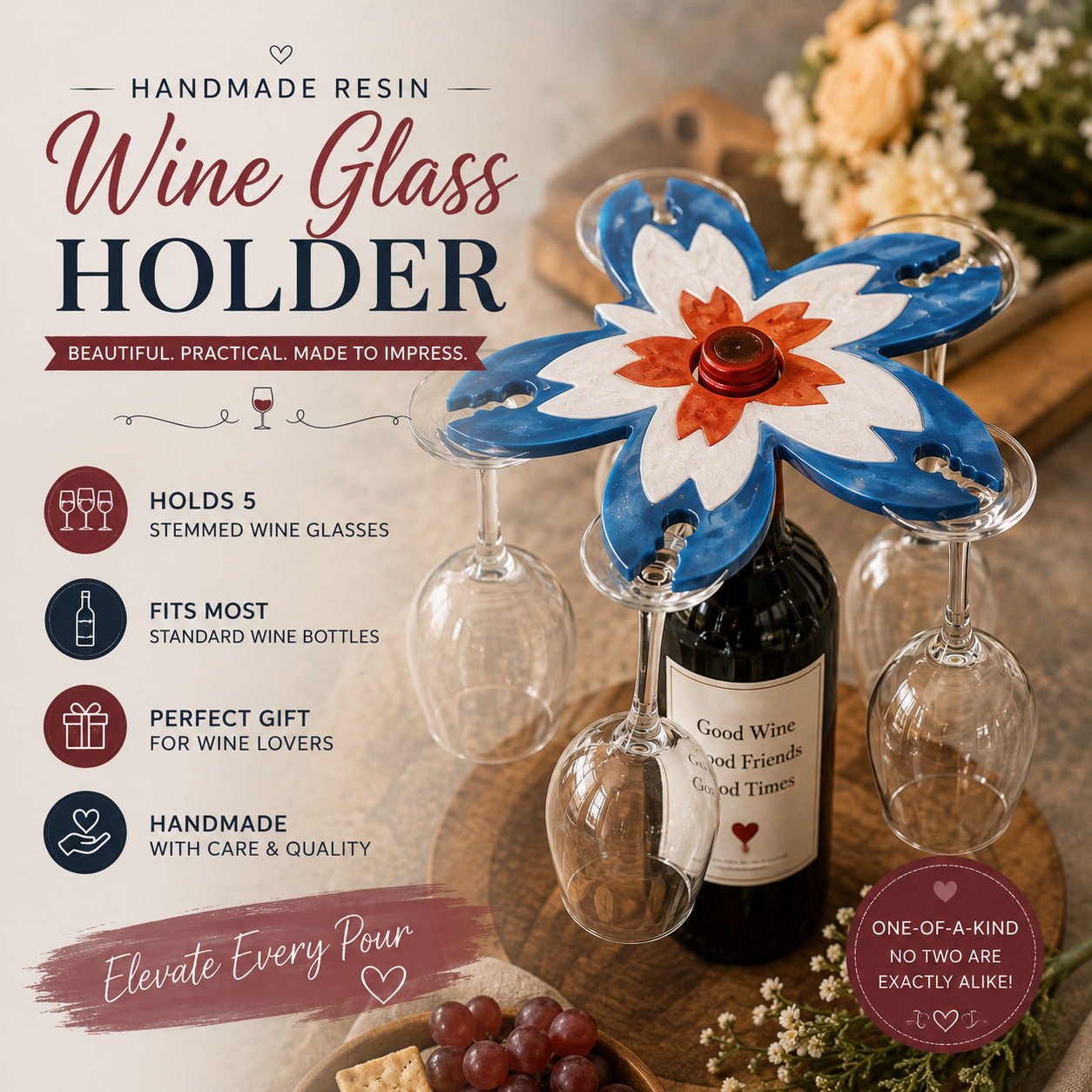 Handmade Floral Resin Wine Glass Holder for 5 Glasses