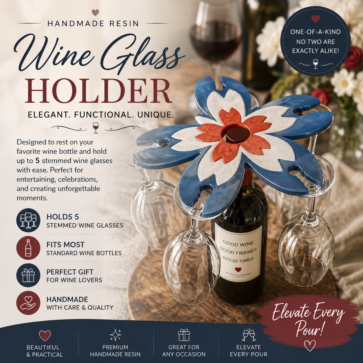 Handmade Floral Resin Wine Glass Holder for 5 Glasses