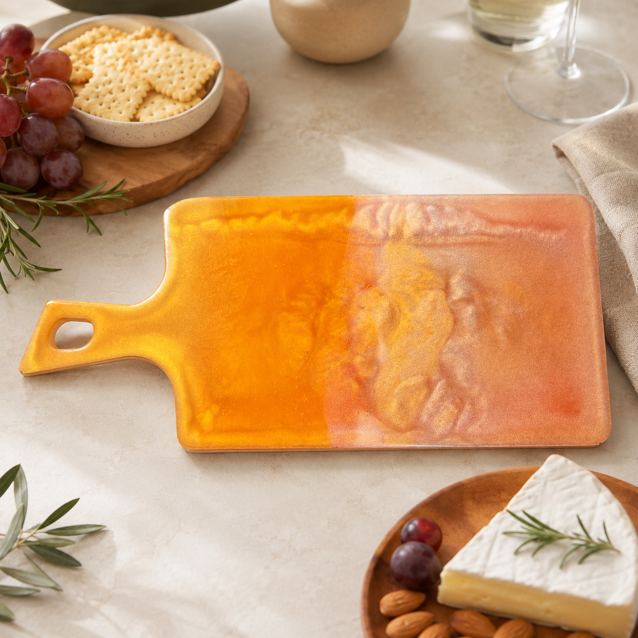 Handcrafted Orange & Rose Gold Resin Decorative Serving Board