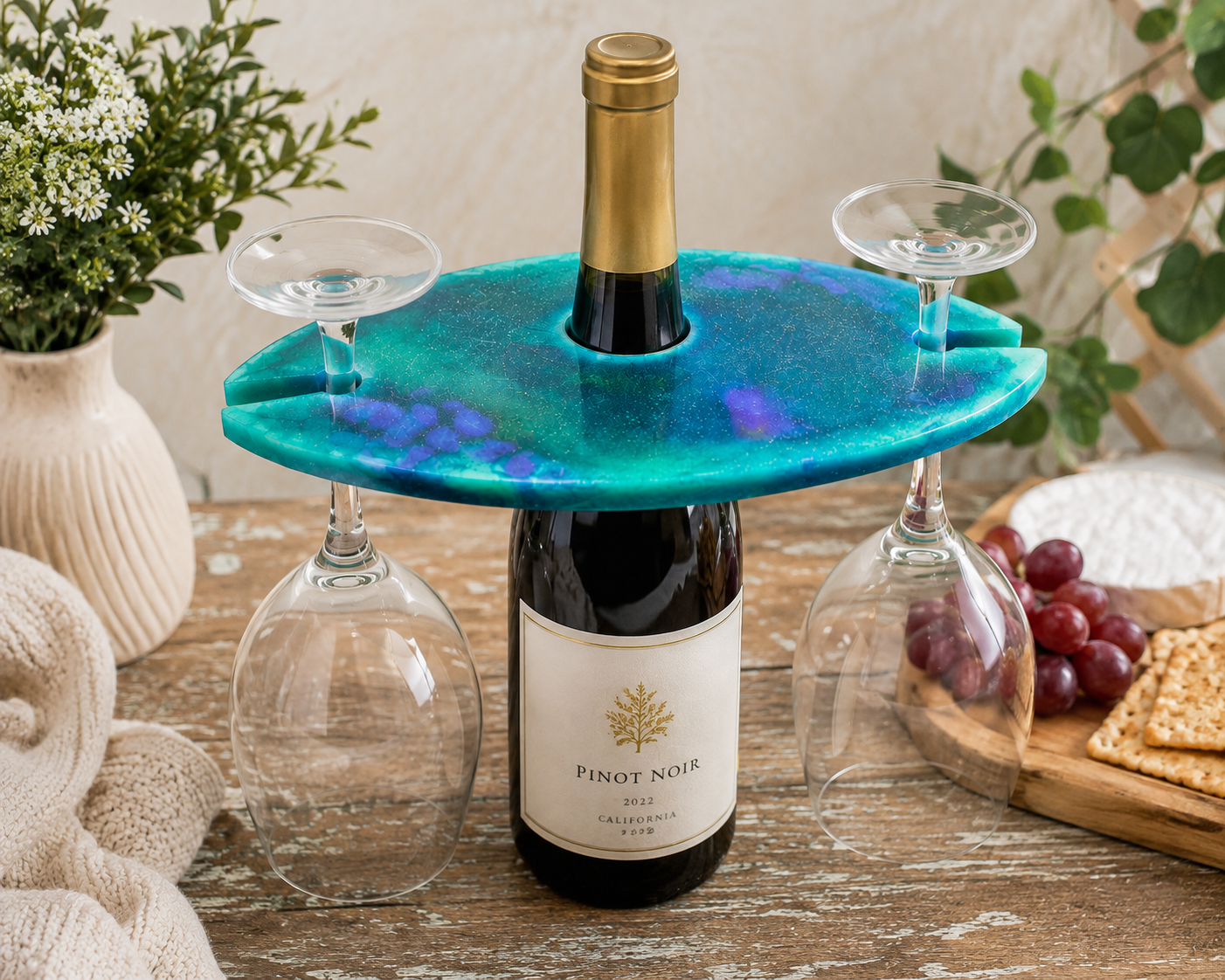 Teal Resin Wine Glass Holder for 2 Glasses | Handmade Wine Bottle Accessory