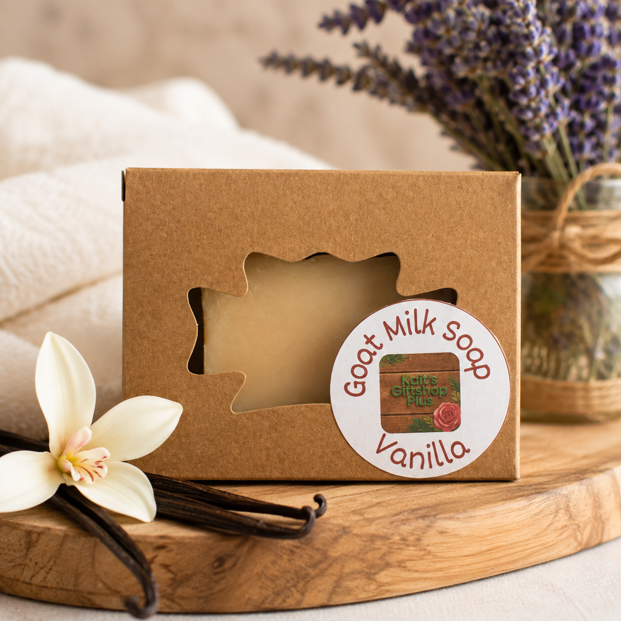 Handcrafted vanilla goat milk soap bar with Kait's Giftshop Plus label